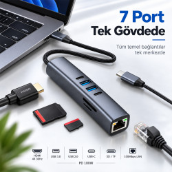 Woyax 7 in 1 Type-C USB Hub Çoklayıcı Dönüştürücü Converter 4K 30Hz HDMI 100W PD USB-A USB-C SD/TF Kart Okuyucu Ethernet