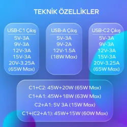 Woyax by Deji Tablet için 65W 2x Type-C PD ve USB Yüksek Hızlı Şarj Aleti, 1.2m 100W-5A Type-C Şarj Kablosu