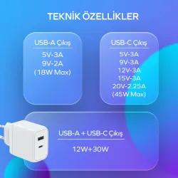 Woyax by Deji Huawei 45W PD Type-C Çoklu Süper Hızlı Şarj Aleti PD ve USB Çıkış 1.2M 60W-2A Type-C Şarj Kablosu kopyas