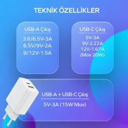 Woyax by Deji Samsung 20W PD Type-C Çoklu Hızlı Şarj Aleti / Cihazı PD ve USB Çıkış 1.2M Type-C Şarj Kablosu