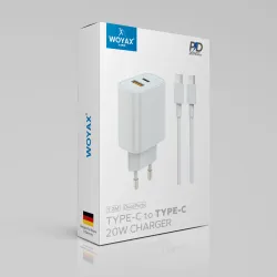 Woyax by Deji Omix 20W PD Type-C Çoklu Hızlı Şarj Aleti / Cihazı PD ve USB Çıkış 1.2M Type-C Şarj Kablosu