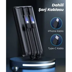 Dahili Type-C ve iPhone Kablolu 10000mAh Powerbank 22.5W Hızlı Led Ekranlı Taşınabilir Şarj Cihazı