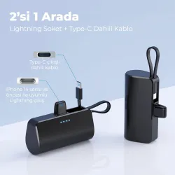 iPhone Lightning Soketli Mini Powerbank 5000mAh Type-C Dahili Kablolu Taşınabilir Şarj Cihazı Siyah