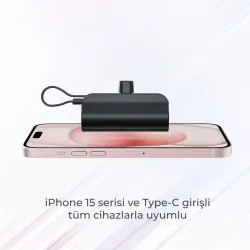 Type-C Soketli Mini Powerbank 5000mAh 2 Type-C Port Dahili Kablolu Taşınabilir Şarj Cihazı Siyah