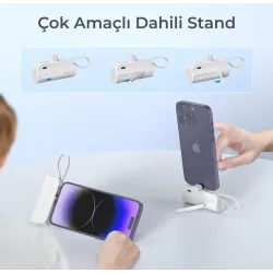 iPhone Lightning Soketli Mini Powerbank 5000mAh Type-C Dahili Kablolu Taşınabilir Şarj Cihazı Beyaz