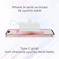 iPhone Lightning Soketli Mini Powerbank 5000mAh Type-C Dahili Kablolu Taşınabilir Şarj Cihazı Beyaz