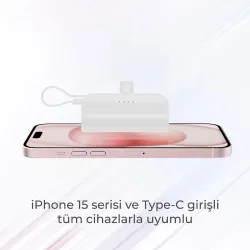 Type-C Soketli Mini Powerbank 5000mAh 2 Type-C Port Dahili Kablolu Taşınabilir Şarj Cihazı Beyaz