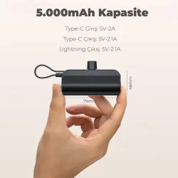 iPhone Lightning Soketli Mini Powerbank 5000mAh Type-C Dahili Kablolu Taşınabilir Şarj Cihazı Siyah