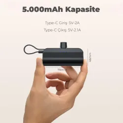 Type-C Soketli Mini Powerbank 5000mAh 2 Type-C Port Dahili Kablolu Taşınabilir Şarj Cihazı Siyah