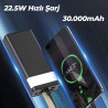 30000mAh Dijital Göstergeli Fenerli Powerbank 22.5W Hızlı Taşınabilir Şarj Cihazı