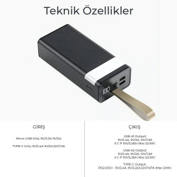 30000mAh Dijital Göstergeli Fenerli Powerbank 22.5W Hızlı Taşınabilir Şarj Cihazı