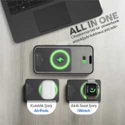 Woyax All In Magsafe Powerbank 10.000mAh 20W Hızlı Taşınabilir Şarj Cihazı Saat Kulaklık iPhone Android