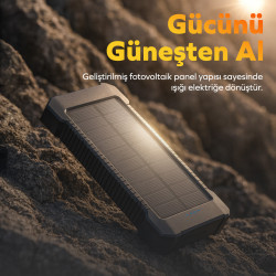 Woyax Güneş Enerjili Solar Powerbank 10000mah Led Işıklı Taşınabilir Batarya Şarj Cihazı Siyah