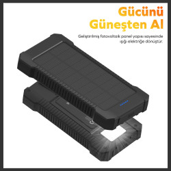 Woyax Güneş Enerjili Solar Powerbank 10000mah Led Işıklı Taşınabilir Batarya Şarj Cihazı Siyah