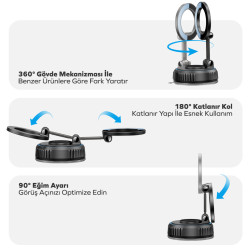 Woyax MagSafe Uyumlu 360° Mıknatıslı Ayarlanabilir Araç İçi Telefon Tutucu Kilitli Vakumlu Masa Dolap Cam