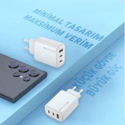 Woyax Hızlı Şarj Aleti 65W Type-C Kablo Beyaz Android / Tablet / iPhone / MacBook/ Laptop