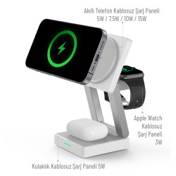 Woyax Wireless QI2 Kablosuz Şarj Standı Katlanabilir iPhone-iWatch-AirPods Uyumlu 15W Hızlı Telefon Kulaklık Saat