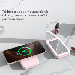 Woyax Ledli Makyaj Aynalı Powerbank 3000mAh Taşınabilir Şarj Cihazı Pembe iPhone Samsung Xiaomi
