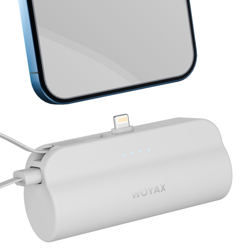 iPhone Lightning Soketli Mini Powerbank 5000mAh Type-C Dahili Kablolu Taşınabilir Şarj Cihazı Beyaz