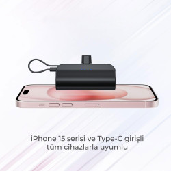 Type-C Soketli Mini Powerbank 5000mAh 2 Type-C Port Dahili Kablolu Taşınabilir Şarj Cihazı Siyah
