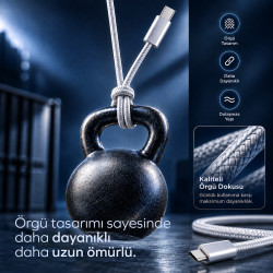 Woyax by Deji PD Type-C to Type-C 3A Şarj ve Data Kablosu Örgülü Siyah 1.2M – Beyaz